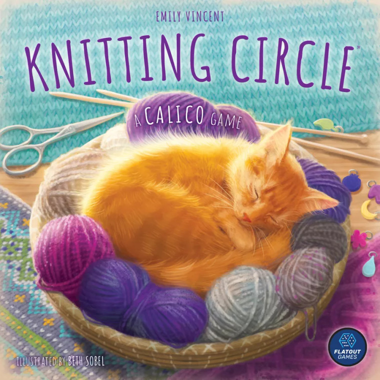 Board game titled "Knitting Circle". Art features an orange kitten curled up and asleep inside a basket of dark blue, purple, and grey yarn.