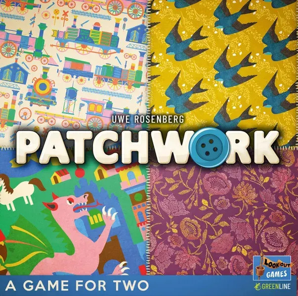 A board game titled “Patchwork” with the ‘O’ replaced by a round button.  The art behind the title features four squares of a patchwork quilt, each with beautifully pieced together quilt-work depicting a dragon in one quadrant, flying birds, trains, and flowers in the others.