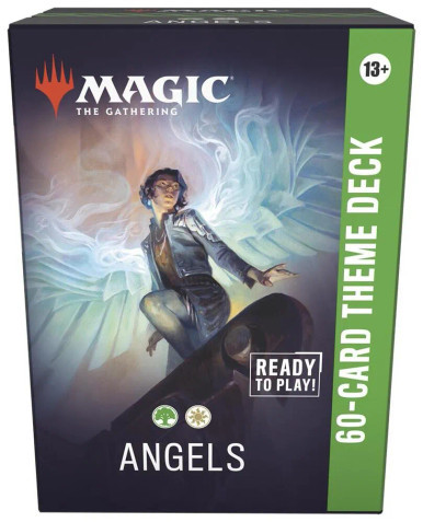 A TCG product titled “Magic: The Gathering - Lorwyn Eclipsed: 60-Card Themed Deck - Angels” across the top, bottom, and side of the box.  The art features a femme person perched atop a gothic building strut with angelic wings emerging from their back in white swirls.