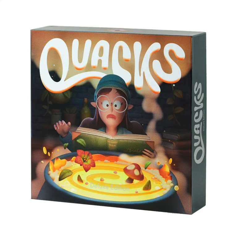 A board game titled ‘Quacks: Deluxe Edition’ with the first half of the title in large, bubbly font at the top of the cover and the second half in much smaller text at the bottom.  The art features a primarily yellow background with a pale-skinned elf with long, brown hair and a beanie sitting in front of a glowing cauldron.  They hold a large book and are throwing a hodge-podge of ingredients in to the glowing brew.  Their facial expression does not promote confidence in their abilities with a potion, as it is vaguely horrified in nature.