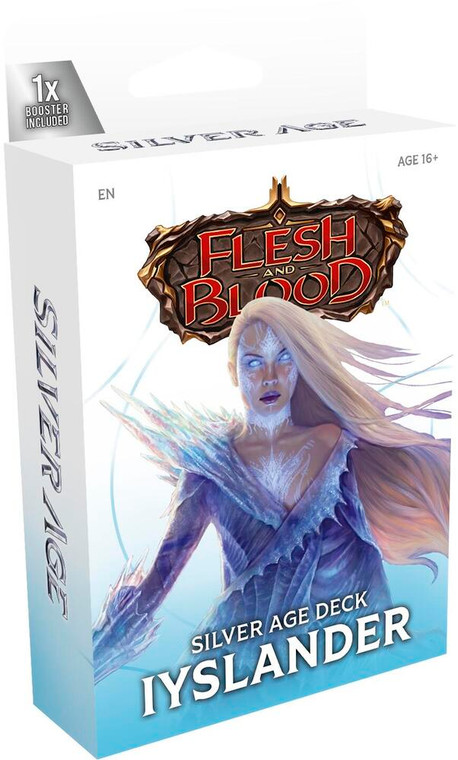 A Flesh & Blood TCG preconstructed deck titled “Silver Age Deck: Iyslander” in large, silver font at the bottom of the primarily white cover.  The artwork in the center features a pale woman with long, white hair, a blue dress with frosty spikes, and glowing symbols across her skin.  She is surrounded by snow.