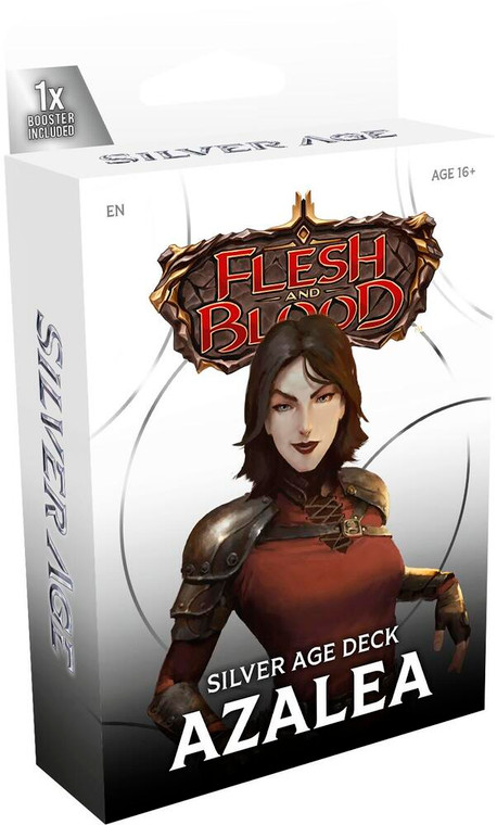 A Flesh & Blood TCG preconstructed deck titled “Silver Age Deck: Azalea” in large, silver font at the bottom of the primarily white cover.  The artwork in the center features a woman with pale skin, dark hair, blue eyes, and red and black leather armor.  She wears a self-assured smirk and a bowman's leather gloves.