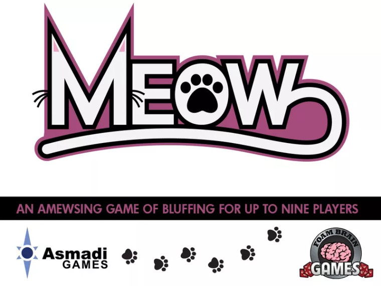 A board game titled "Meow" with the lettering stylized to feature allusions to cats, such as a paw print in the center of the 'o' and a tail coming out from the 'w' to underline the word.  The background is white and features little black paw prints at the bottom of the box.