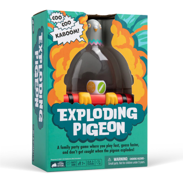 A board game titled "Exploding Pigeon" across the middle of the teal and orange box.  Above the title is a window into the game that reveals a pigeon-shaped contraption featuring a custom 6-sided dice inside.  The pigeon's features are cartoonish, and its body makes up a clear dome with which to see the dice.  Around the window is a cartoon illustration of an explosion.