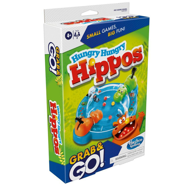 A board game titled "Hungry Hungry Hippos Grab & Go!" at the top in bottom of the cover.  The center features a photograph of the game board, which features two hippo toys - one orange and one blue - attached to opposite ends of a clear plastic dome atop a blue, circular board designed to mimic water.  Levers on the back of each hippo lift their upper jaws, into which fall little colorful balls representing food.