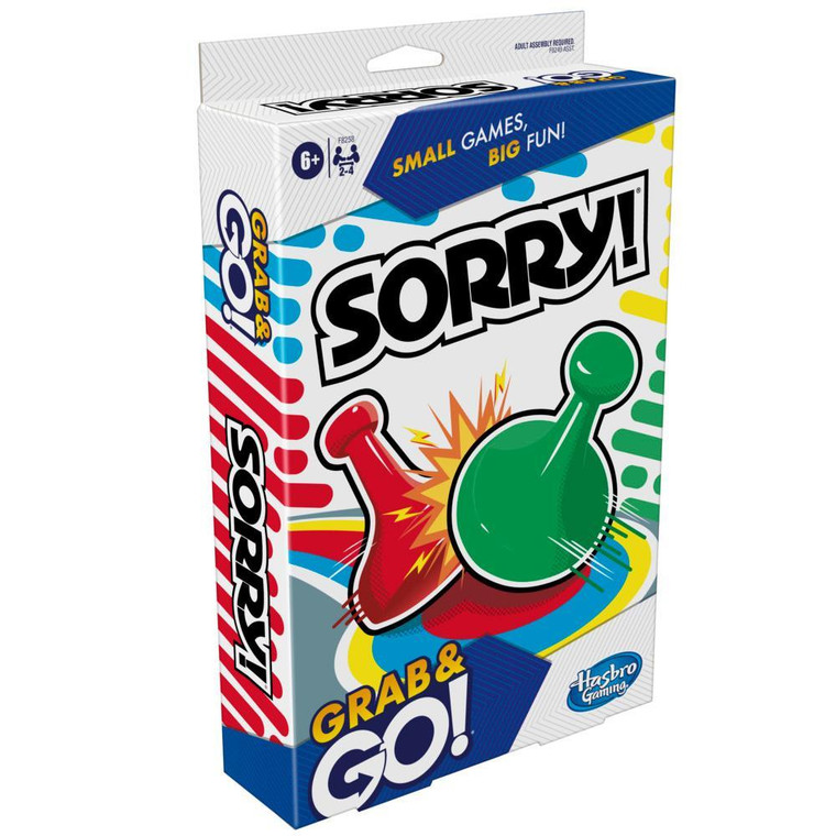 A board game titled "Sorry! Grab & Go!" across the top and bottom left-hand corner of the box.  The art in the center features a few classing sorry pieces with bulbus tops and wide bases in red and green.  The background is primarily white.