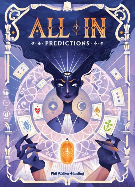A board game titled "All In: Predictions" in large, gradient font at the top of the primarily purple cover.  The art below features a stylized drawing of a purple person with long, flowing hair floating up above them, glowing white eyes, and a third eye on their forehead.  Around them float rings of cards, and a large rune hangs on a chain from their neck.
