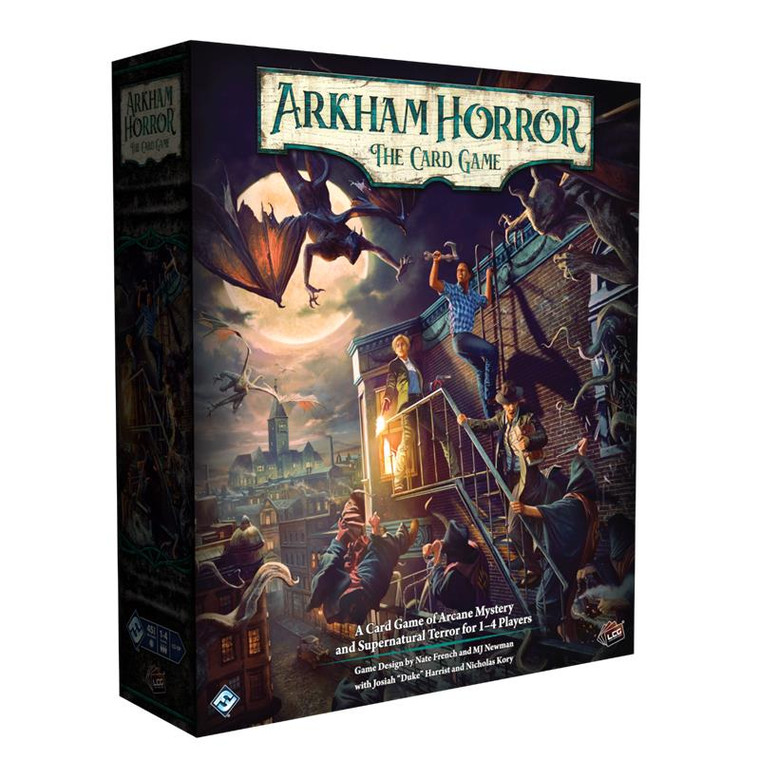 A board game titled "Arkham Horror: The Card Game" in a white and green plaque across the top of the cover.  The art below depicts a nighttime scene of a city under a full moon.  Demons with leathery bat wings and spiky horns swoop down from the sky at an array of humans climbing the side of a brick building.  Some weild weapons, some are robed, and some are more successfully climbing said building than others - as seen from one robed individual falling to what could only be their doom off of the fire escape.