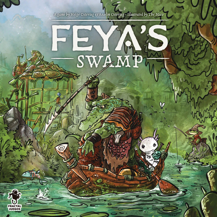 A board game titled "Feya's Swamp" in white font at the top of the cover.  The art behind it features an illustrated scene of a swamp with an anthropomorphic alligator wearing leather armor.  The gator rides a small rowboat and holds a spear above their head, poised at something in the murky waters below.