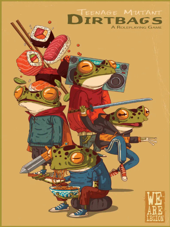 A roleplaying game titled “Teenage Mutant Dirtbags” in the upper right hand corner of the light brown cover ringed in olive green.  The art below depicts four humanoid frogs wearing human clothes and either poised for battle wielding swords or slurping up noodles from a bowl.  Above them is an arrangement of sushi, and the highest frog holds a boombox across their shoulder.
