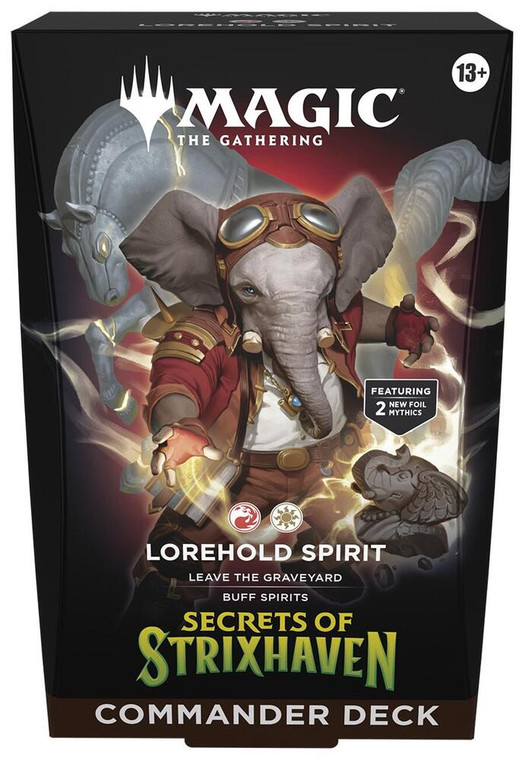A preconstructed deck titled “Magic: The Gathering - Secrets of Strixhaven: Lorehold Spirit” Across the top and bottom of the box.  The art features a black background and a central piece depicting an anthropomorphic elephant with trimmed tusks, an aviator cap, a leather and red cloth jacket, and glowing white magic coming from their hands.  The magic surrounds a bust of an elephant and statues with glowing eyes float behind them.