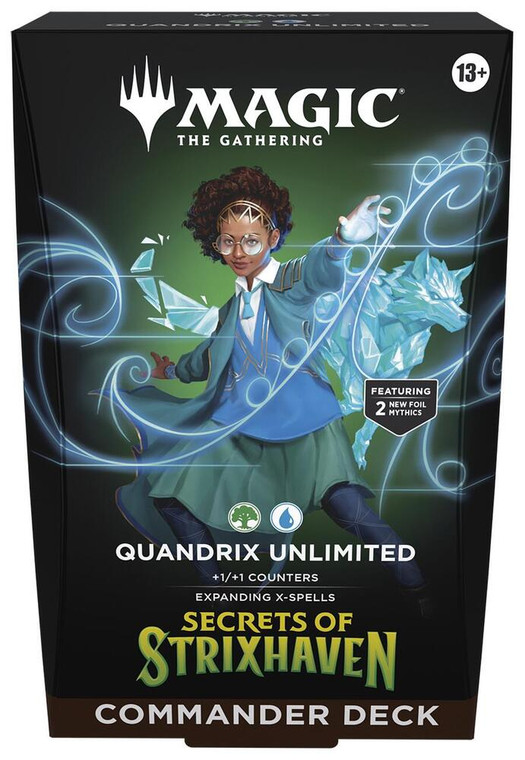 A preconstructed deck titled “Magic: The Gathering - Secrets of Strixhaven: Quandrix Unlimited” Across the top and bottom of the box.  The art features a black background and a central piece depicting a human with dark skin, tightly curled long hair, and who is wearing a golden headband and glasses.  She also sports a blue and green outfit that combines a school uniform with magical robes.  She casts a blue fractal around herself, and from behind her leaps a blue canine made of crystals.