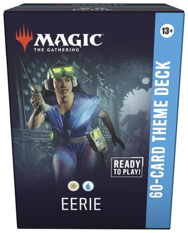 A preconstructed TCG deck titled “Magic: The Gathering - 60 Card Theme Deck: Eerie” along the side and bottom of the deck box.  The art in the center features a person wearing a cap and holding a walkie talkie up to their ear as the shadow of a large, bipedal creature loom at the end of a hall behind them.