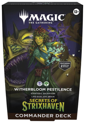 A preconstructed deck titled “Magic: The Gathering - Secrets of Strixhaven: Witherbloom Pestilence” Across the top and bottom of the box.  The art features a black background and a central piece depicting a feminine-presenting humanoid with green skin, leafy hair and garb, and a geometric swirl of purple magic coming from their hands.  Behind them is a large, amphibious beast with a purple, toothy maw.