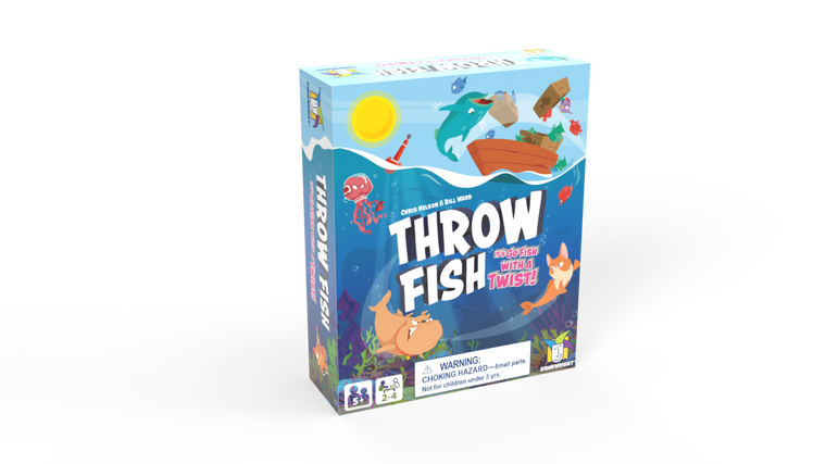 A board game titled "Throw Fish" in white font across the center of the box.  The art around it is an underwater scene with cat and dog mermaids fighting, an angry jellyfish, and a whale breaching above a small, wooden rowboat and knocking over its contents.