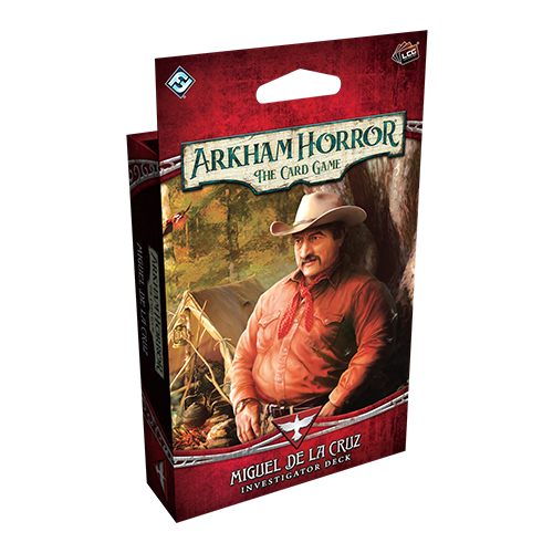 An LCG preconstructed deck titled “Arkham Horror: The Card Game - Miguel de la Cruz Investigator Deck” across the top and bottom of the cover.  The art features two rectangles of red textured like crushed velvet.  Between them is a painting of a man with tan skin, a handlebar mustache, a white cowboy hat, and a red button up shirt.