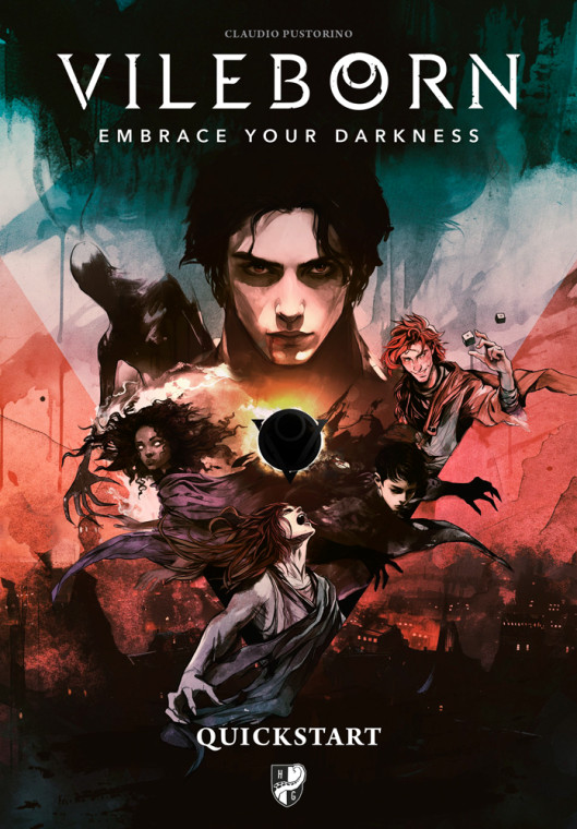 An RPG titled "Vileborn" across the top.  The art below depicts a stormy landcape in which an array of monstrous people are gathered and staggered like an action poster.  The person at the ver top is pale, angular, and has a dried streak of blood flowing from the corner of their mouth.  Another with red hair smiles impishly as they toss some 6-sided dice into the air,  Another further below cries up above them as their nails transform into claws and teeth sharpen.  Below them and the several more characters is a city in red and black silhouette.