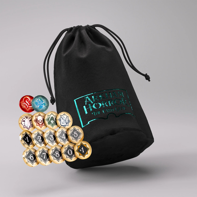 An LCG product titled “Arkham Horror: The Card Game - Premium Chaos Tokens & Bag” across the top of the cover.  The art features a black drawstring  bag with the words ‘Arkham Horror: The Card Game’ in teal, foil lettering across the front.  It also features 16 Acrylic tokens beside it, each styled after the Arkham Horror game’s theming and with different symbols or number values.