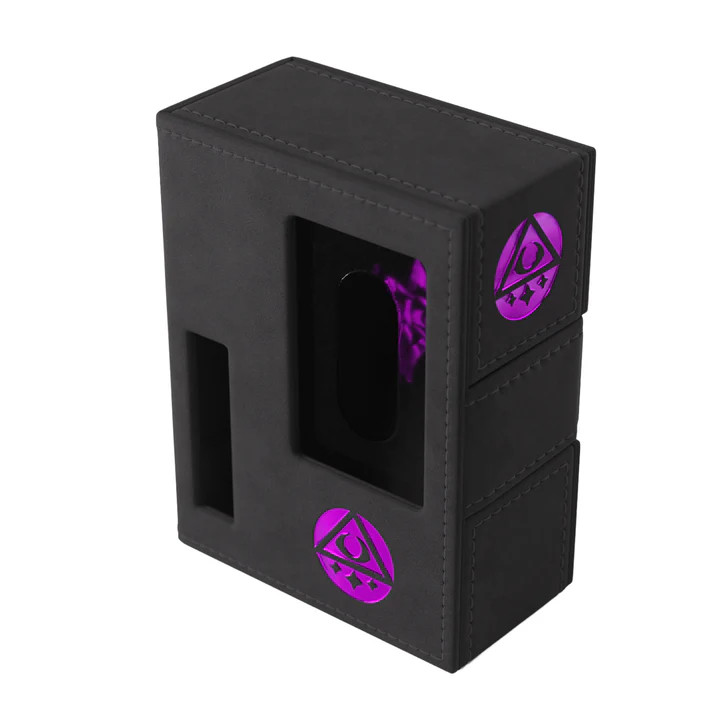 A deck box with a black cloth exterior for the LCG Arkham Horror: The Card Game.  The box features a purple, triangle-shaped symbol on the side, a large hole for viewing, and a smaller slotted hole opposite it on the front.