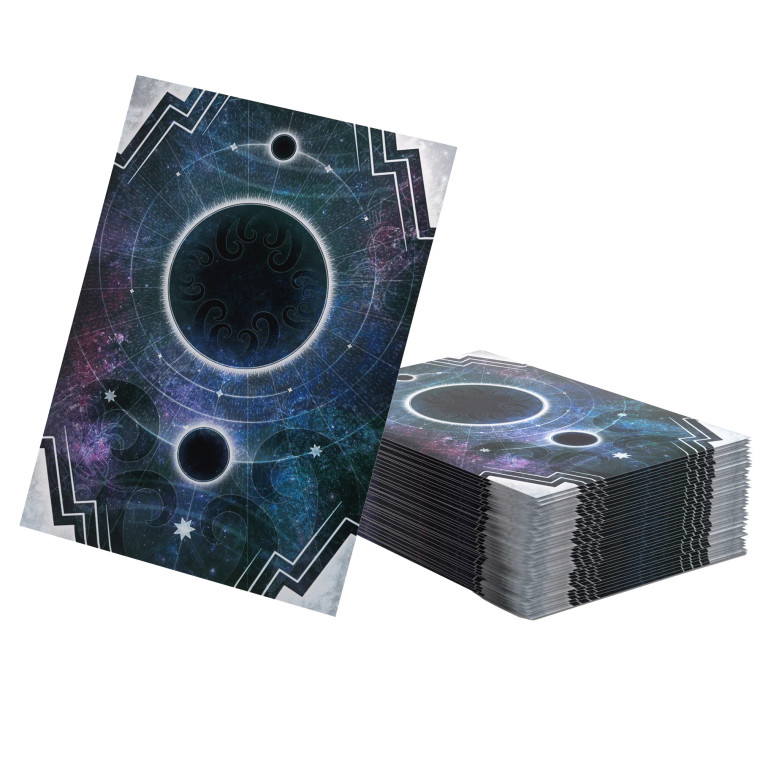 Art sleeves for the LCG Arkham Horror: The Card Game.  Each sleeve features artwork of a display from space, with swirling blue and purple nebulae split by star charting lines and silver geometric borders.  In the center of the card is a darker circle with curled tentacles , and from the bottom emerge fainter tentacles.