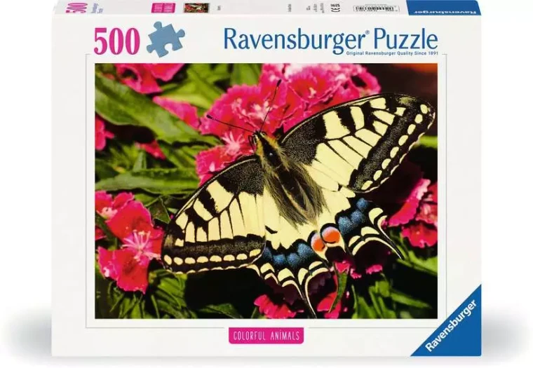 A puzzle with the words “Ravensburger Puzzle” at the top and the number ‘500’ along the left side of the white bordered cover.  Below is an image of the finished puzzle, which features an up-close photograph of a primarily yellow and black striped butterfly perched atop a magenta flower.