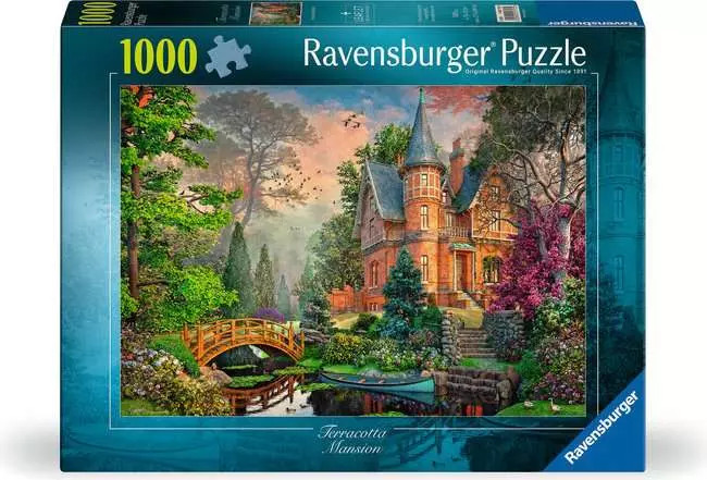 A puzzle with the words “Ravensburger Puzzle” at the top and the number ‘500’ along the left side of the dark blue-green bordered cover.  Below is an image of the finished puzzle, which features a photorealistic drawing of a terracotta red-brick mansion with Victorian spires that sits on the top of a small hill, surrounded by low stone walls and is nestled in a small clearing of a forest.  In the foreground is a bridge over a small river that runs beside the mansion, and a boat sits docked beside it.
