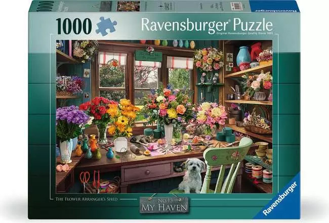 A puzzle with the words “Ravensburger Puzzle” at the top and the number ‘1000’ along the left side of the blue-green bordered cover.  Below is an image of the finished puzzle, which features a small workbench filled with vases and flowers of various species.  There's also paper, twine, floral foam, and more arranging supplies strewn across the surface.  A small, white puppy sits on the chair before it.