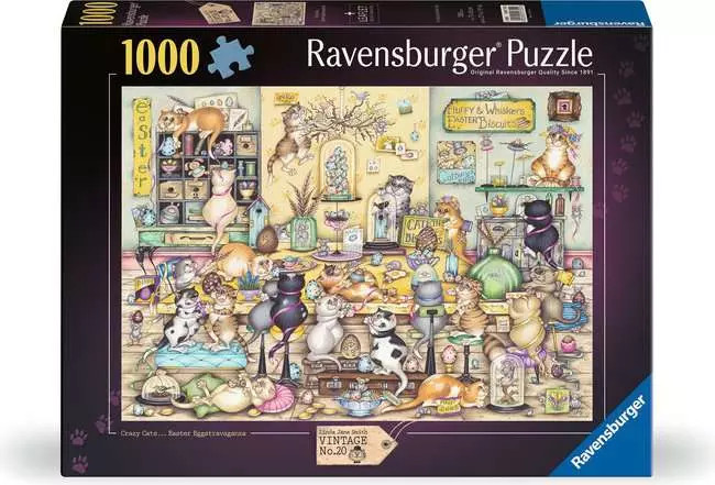 A puzzle with the words “Ravensburger Puzzle” at the top and the number ‘1000’ along the left side of the aubergine-bordered cover.  Below is an image of the finished puzzle, which features a cartoon of a store with a plaque that titles the location "Fluffy & Whiskers Easter Biscuits."  The store is jam packed with cats of all shapes, colors, patterns, and sizes generally causing havoc.