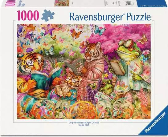 A puzzle with the words “Ravensburger Puzzle” at the top and the number ‘1000’ along the left side of the white bordered cover.  Below is an image of the finished puzzle, which features a floral watercolor painting with several anthropomorphic animals: three orange tigers and two frogs.  Two tigers are cubs, and all critters are hunched over their own respective books.  The larger frog sports a pair of thick glasses that completely obscure their eyes, while the smaller clings to the former's skirt.