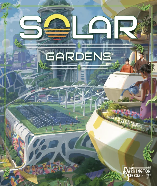 A board game titled "Solar Gardens" at the top of the cover in futuristic font.  The 'O' in 'Solar' resembles a rising sun.  The art below features a painting of a city filled with eco buildings: buildings constructed to be as environmentally friendly as possible.  They feature attributes such as roof-top gardens, solar panels, windows that maximize natural light to avoid needing as many light fixtures, and general shapes that suit maximizing both space and saving on energy usage.  They each have artistic designs on them that speak of community additions and care, such as murals and appealing patterns.