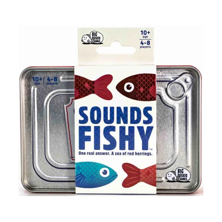 A board game titled "Sounds Fishy" across a central strip of thin cardboard with three red fish and one blue swimming on an off of the white background.  The container is a tin designed to look like a can of fish, fit with a pull-tab indent and all.