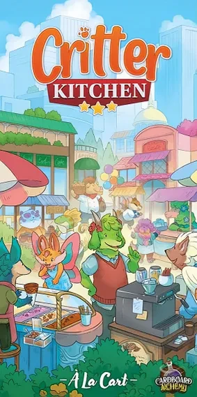 A board game titled "Critter Kitchen: A La Cart" with the first half in orange font across the top and the second half in white font across the bottom.  The art sandwiched in between features a cartoon scene in a busy town market filled with produce and many anthropomorphic animals with fantastical additions like butterfly wings on a bunny and green, plant-like editions to a goat.  They all wear human clothes and are making various purchases from stall owners.