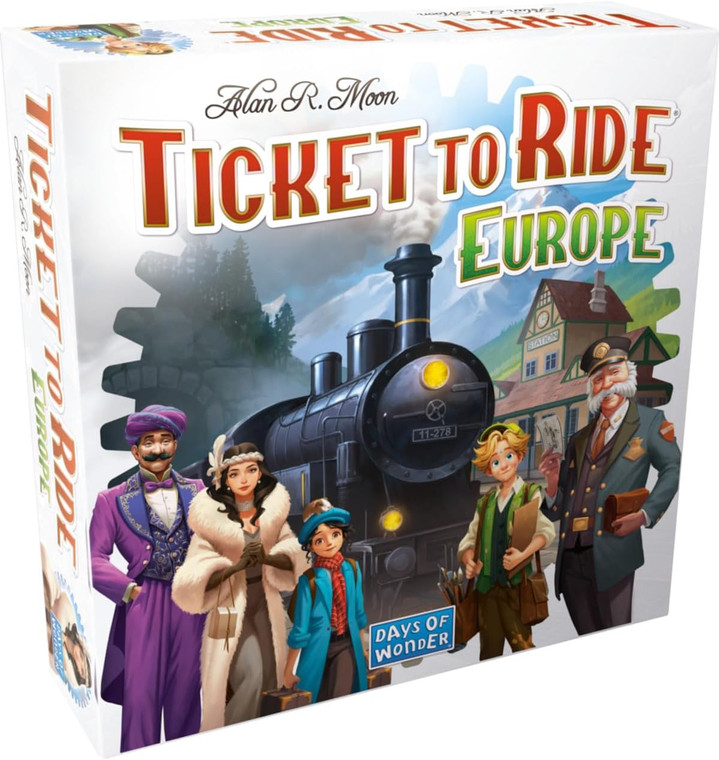 A board game titled “Ticket to Ride: Europe” across the top of the cover.  The art features a scene from a turn of the century European train station, fit with a large, black, steam engine train.  Standing on the platform are a woman in a fur coat and wearing a feathered cap, a man in a very purple suit, a child with blonde hair and a tan vest, and a cop.