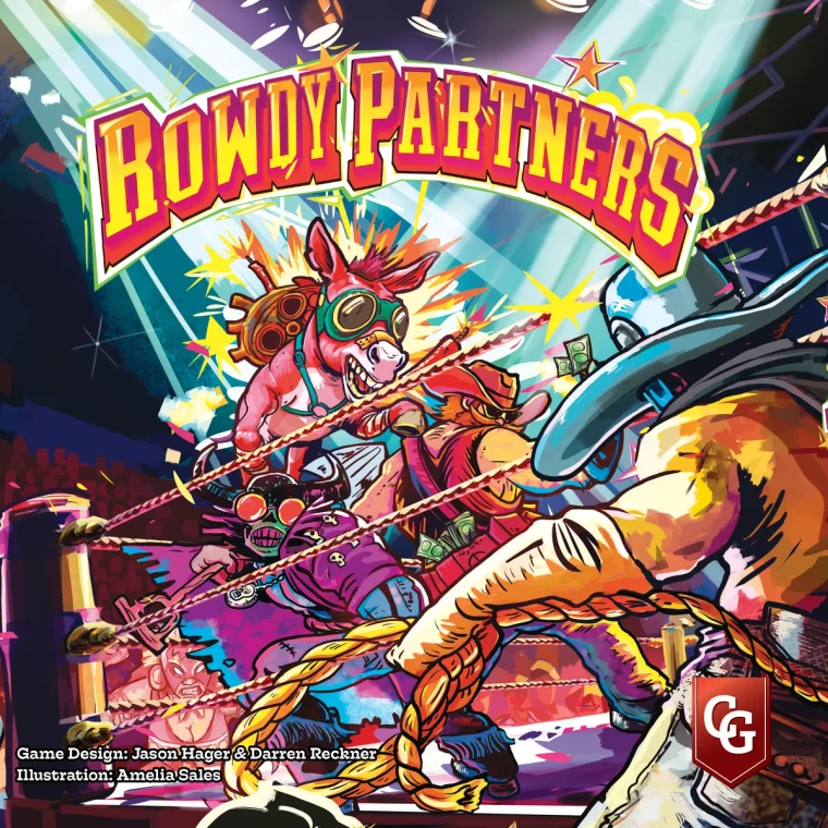 A board game titled "Rowdy Partners" in an arch across the top of the cover.  The font is yellow and orange, and designed to resemble text from the Wild West.  The art features a boxing ring surrounded by a raucous audience.  In the ring are a donky with goggles, a masked wrestler with horns, and a cowboy with sunglasses and a bag full of money.  The donkey leaps toward a golden cowboy with a lasso who stands just outside the ring.