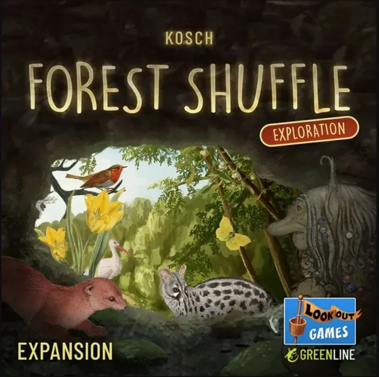 A board game titled “Forest Shuffle: Exploration” across the top of the cover.  The art below features an illustrated scene from within a cave.  On the left side are various small forest creatures: a bird, a member of the weasel family, and more.  On the right is a forest troll that may be a stature, or may just be how the creature’s skin is textured.  Either way, it possesses a large nose, long hair adorned with beads, and a small quarterstaff.  Behind them all is the mouth of the cave, which reveals a mossy cliff face and blue sky above.