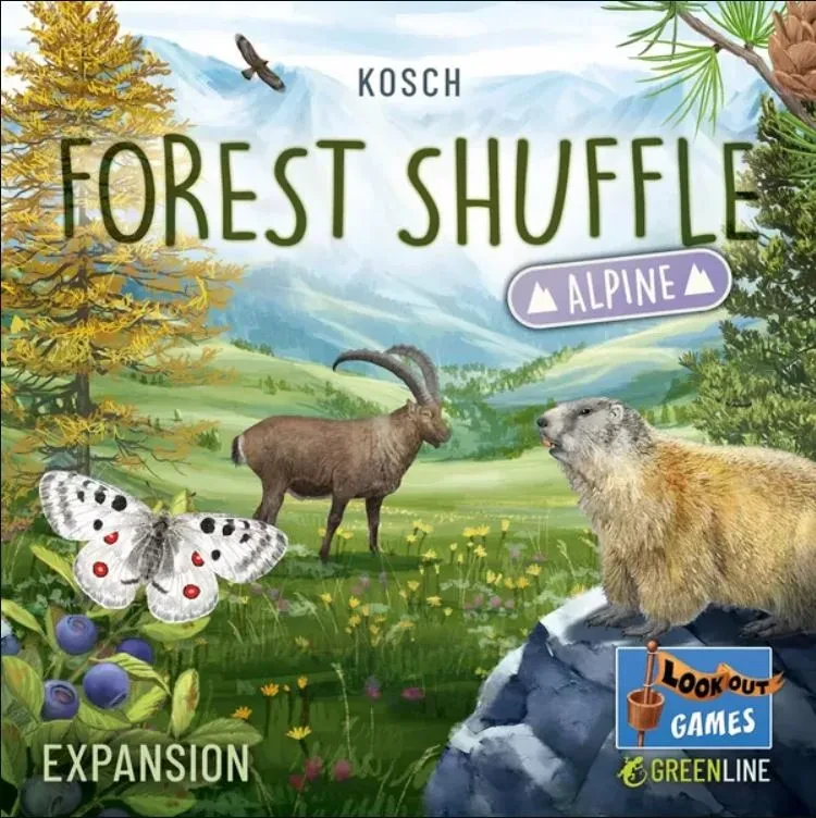 A board game titled “Forest Shuffle: Alpine” across the top of the cover.  The art features a scenic illustration of a green valley with a snow-peaked mountain in the distance.  A long-horned goat with brown fur stands in the center of the cover, while a ground hog on a rock and a white and red butterfly take up the foreground.
