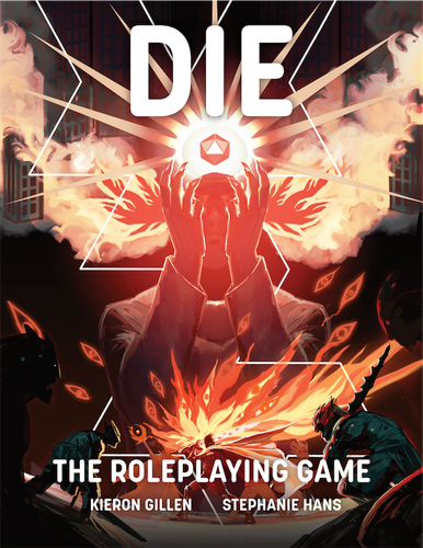 An RPG book titled " DIE: The Roleplaying Game" in bold white letters at the top and bottom of the cover.  The art depicts a piece defined by contrasts: half bathed in burning light, half in darkness.  The eye travels from top to bottom; the scene is as follows: a 20 sided die in a halo of light with streaks stretching to the edges of the cover.  Below it are a pair of clawed hands coming up to cup it, their owner a silhouette in a vaguely suit-like garment.  Below that is a figure in a flowing cape with a burning sword poised above their head, from which fly symbols of eyes. Before this person, in the foreground, rush several more shadowed people clad in sharp helmets and wielding spikey swords.