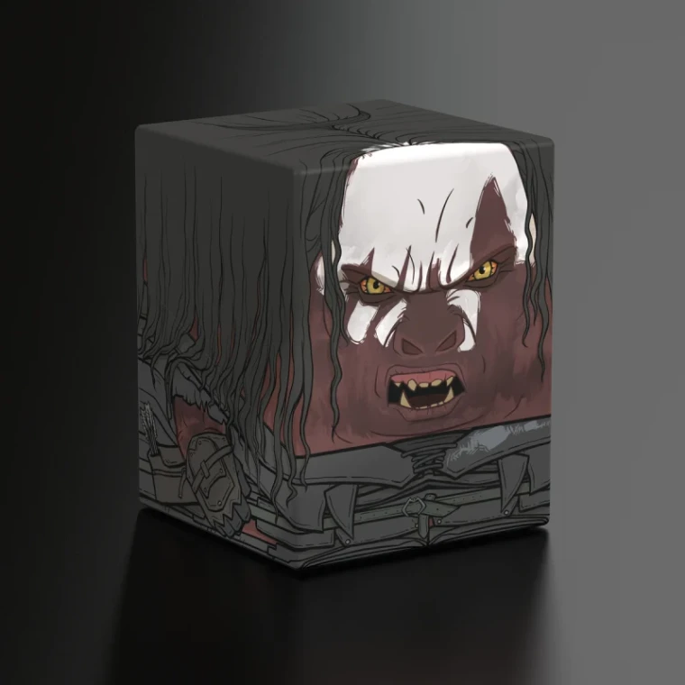 A deck box with wrap-around artwork of a Uruk Hai - the cross between humans and Orcs in Lord of the Rings - with a white hand print across his forehead, long, dark hair, and a snarl that reveals fangs.  He wears dark leather armor and his little hand is held in a fierce fist.