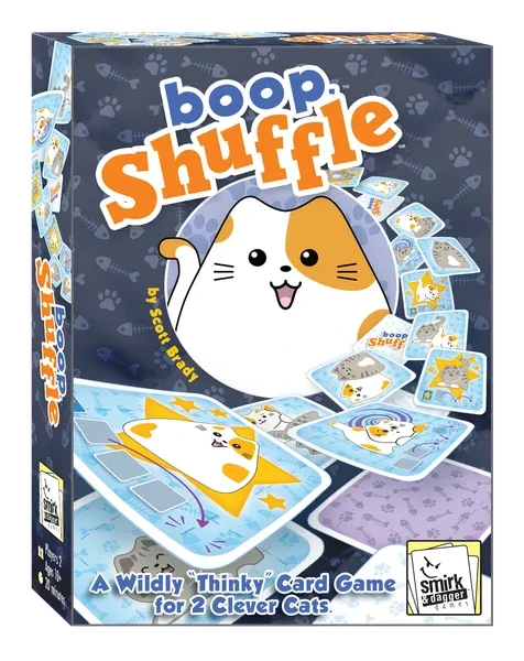 A board game titled "Boop Shuffle" across the top of the cover in blue and orange, bubbly font.  The art below features a cartoon orange and white cat smiling happily above a flying spread of cards with similar cats, some of which featuring different coat patterns.  The background is blue on both the box and the cards, with little fish skeletons and paw prints in a slightly lighter pattern.