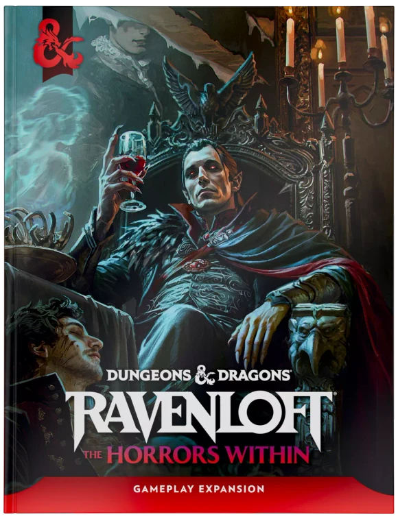 An RPG book titled "Dungeons & Dragons: Ravenloft - The Horrors Within" across the top and bottom of the book.  The art features a painting of a pale man with glowing eyes, pointed ears, and long, dark hair who is sitting upon a throne at the end of a ling, ornate table.  He sips from a wineglass filled with dark fluid with an air of apathy.  Scattered around the table are the unconscious and, presumably, deceased bodies of victims covered in blood.  The room is dark, save for the blue glow of moonlight lighting half the scene, and candle light the other.