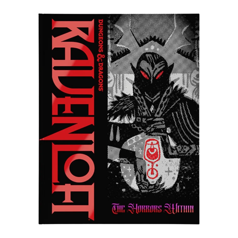 An RPG titled "Dungeons & Dragons: Ravenloft - The Horrors Within" in red font.  'Ravenloft' is written very large down the left side of the mostly black and white cover.  The art to the right of this features a highly stylized drawing of a vampire with large, pointed ears, long black hair, and long, clawed fingers poised around a circle of light with a wineglass filled with red fluid inside it.