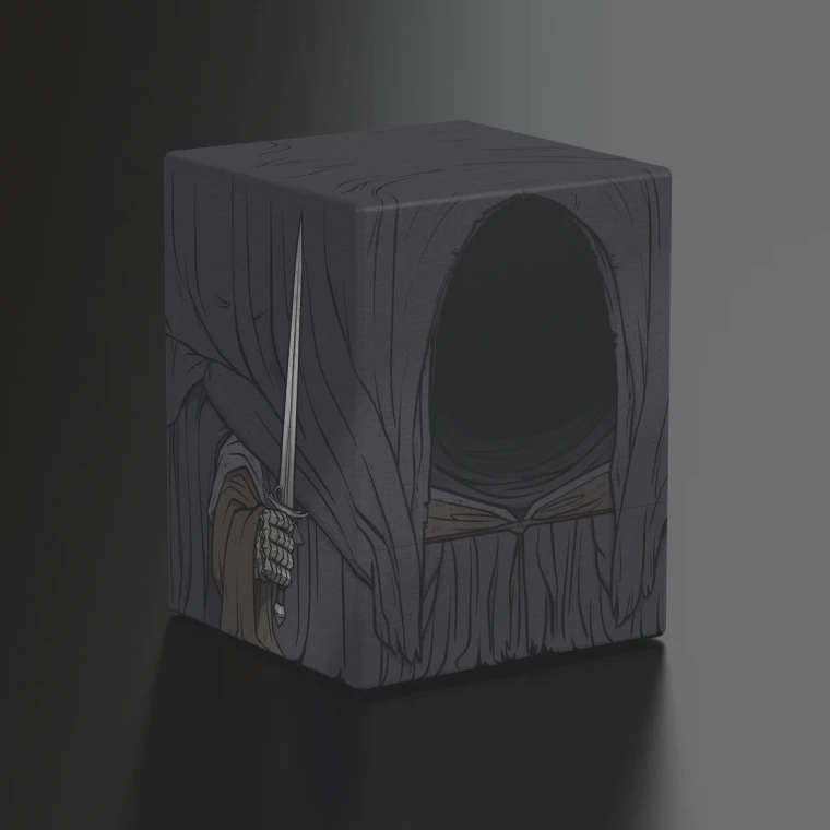 A deck box with wrap-around artwork of a Nazgul: a black-cloaked figure with no visible face, spikey hand armor, and a sharp, angry-looking blade held upward.