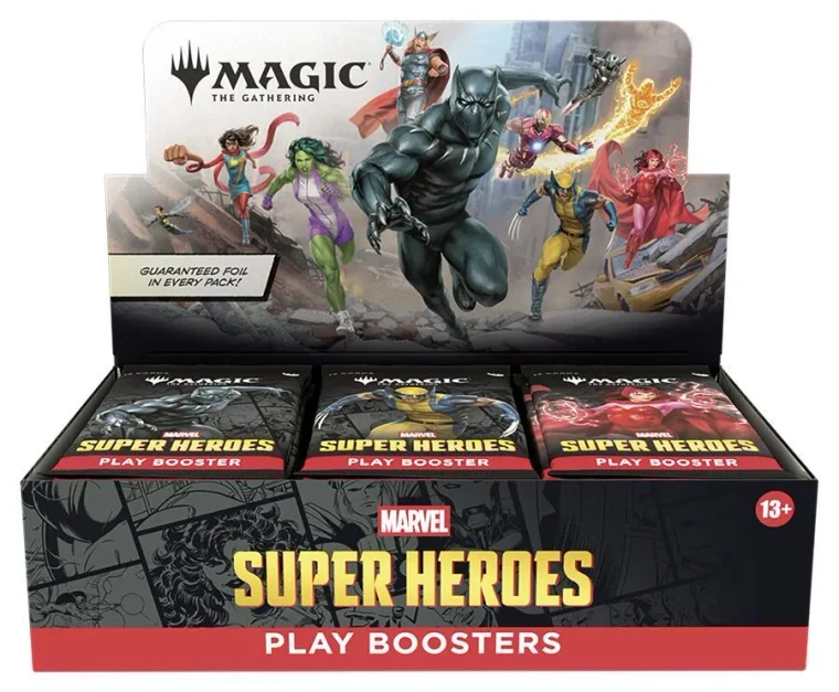 A TCG product titled “Magic: The Gathering - Marvel Superheroes: Play Boosters across various locations on the cover and display tab of the box.  The art features a series of half shadowed, black and white comic panels across the bottom of various characters from throughout the history of Marvel Studios.  On the top display tab a series of Superheroes in an action shot all rushing toward the audience, each wearing a uniquely designed costume.  The person in the center and foremost in the image wears a black, skin-tight full body suit with small ears on the cowl and sharp claws at the tip of each finger.
