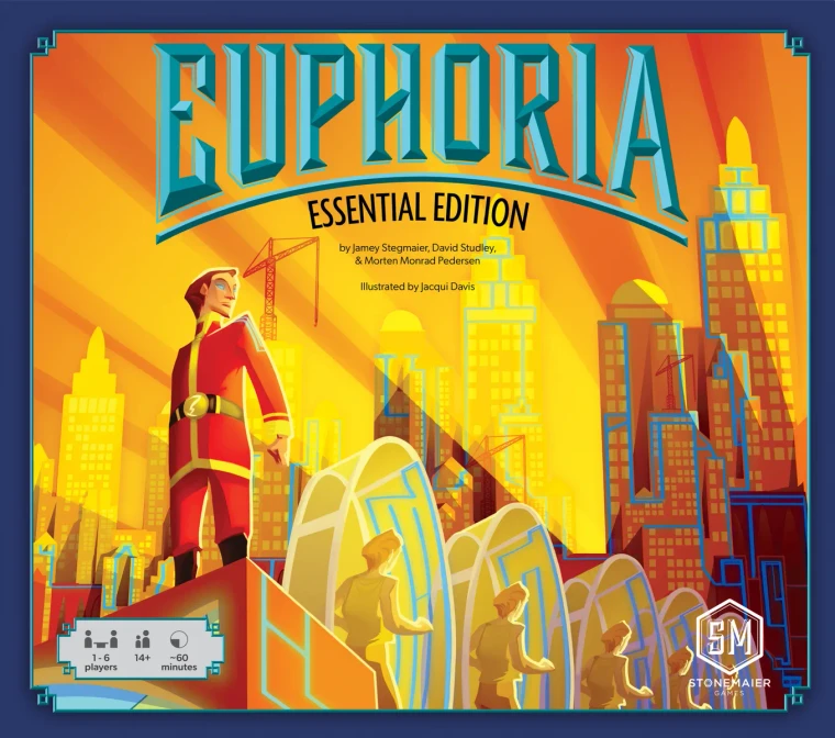 A board game titled "Euphoria: Essential Edition" in large, art deco font across the top of the image.  The art features a vintage, lineless, deco art style with a person with pale skin, short hair, and a red uniform standing on a podium in front of several hamster wheel-like contraptions with figures running in them.  They all stand before a city skyline bathed in gold and orange, with large rays of light spreading across the sky.  Each building has slices of blue through them in patterns reminiscent of circuitry.