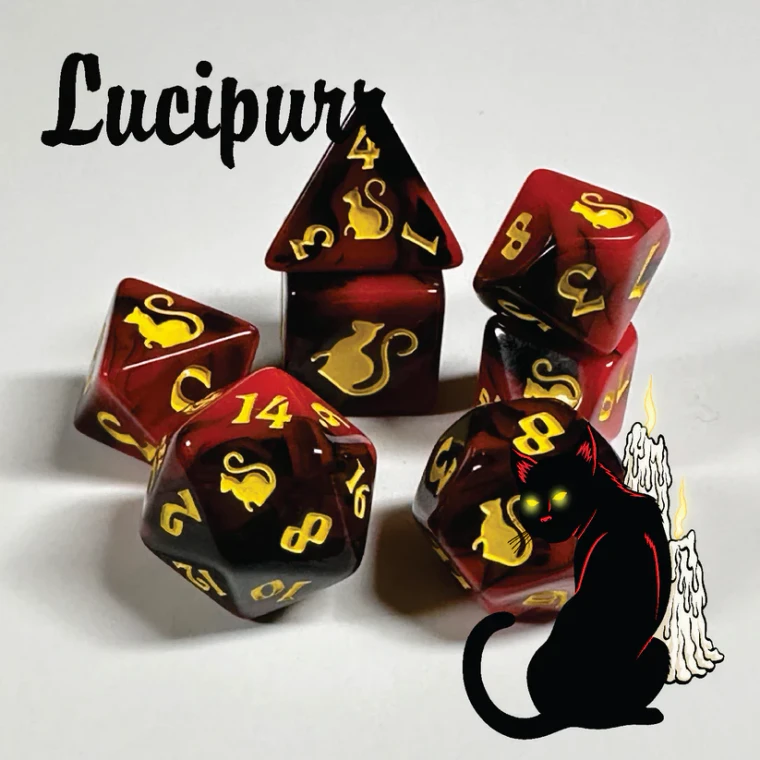 A set of black and red swirled polyhedral dice with golden numerals and cats on one side instead of numbers.  In the bottom right corner is a black cat cartoon with red highlights, drippy candles, and glowing yellow eyes.