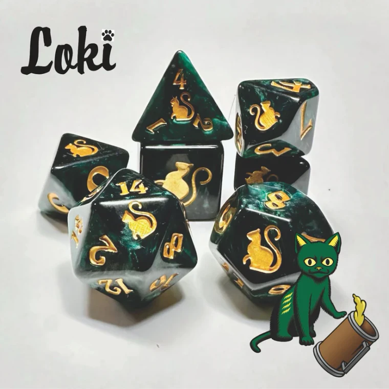 A set of dark green and black swirled polyhedral dice with golden numerals and cats on one side instead of numbers.  In the bottom right corner is a cartoon of a green cat with golden stripes along their back.  They're knocking over a big tankard filled with mead with a gleeful expression.