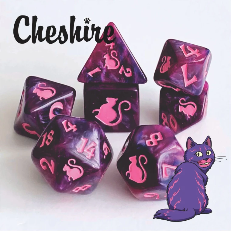 A set of purple and pink swirled polyhedral dice with pink numerals and cats on one side instead of numbers.  In the bottom right corner is a similarly purple and pink, cartoon cat with its back facing the audience and its head turned in a cheeky little grin.