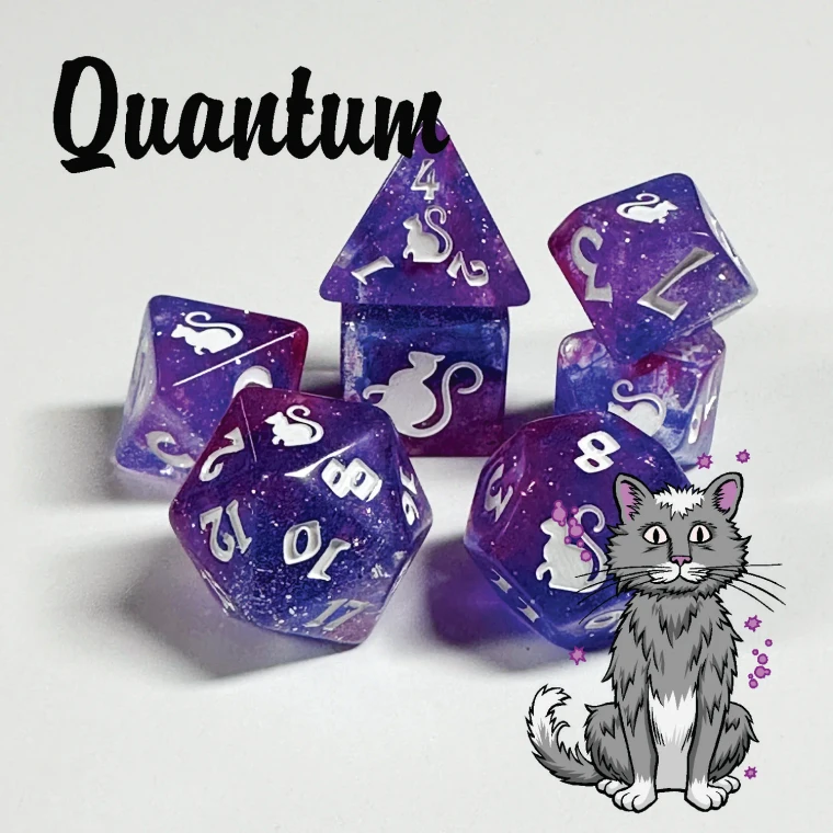 A set of seven light blue and purple, sparkly polyhedral dice with silver numerals and cats on one side instead of numbers.  In the bottom right corner is a grey and white cartoon cat surrounded by little purple sparkles.