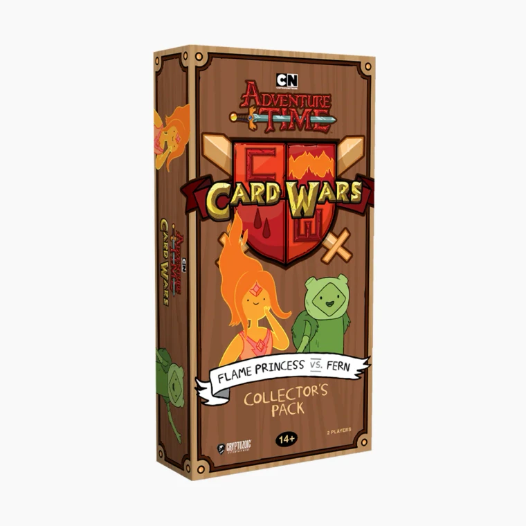 A board game titled "Adventure Time Card Wars: Flame Princess vs. Fern - Collector's Pack" across the top and bottom of the cover.  The art features a wood background and two figures: a girl whose body is made of flame and who sports a red gemstone in the center of her forehead, and a boy who is green and wears a hat with two bear-like ears, a backpack, a t-shirt, and shorts.