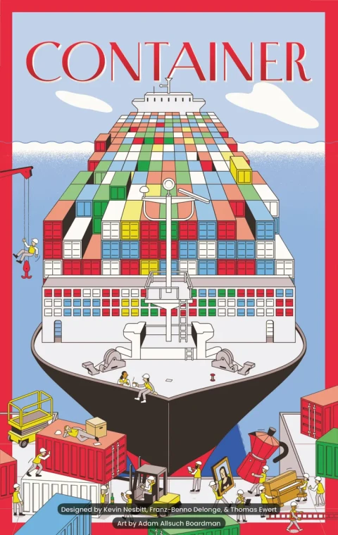 A board game titled "Container" across the top of the box in red font matched by a bold, red outline along the outside of the cover.  The art features a vintage-inspired illustration of a large cargo ship with little cartoon workers loading colorful cargo containers atop the deck.